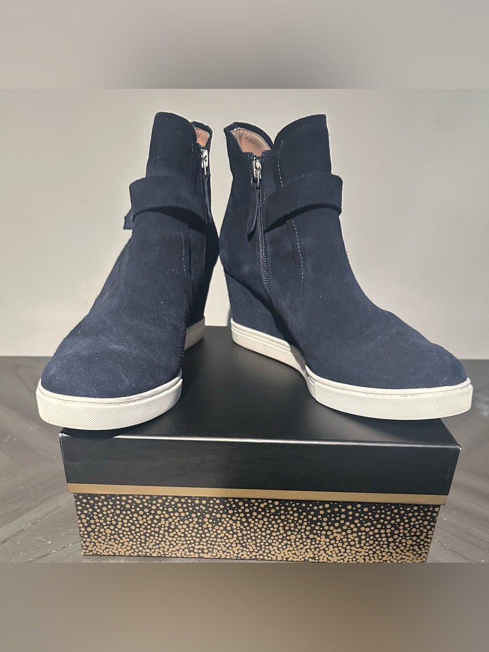 Paolo Navy Suede Wedge Sneakers with White Platform